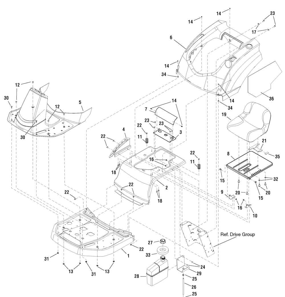 Seat, Body, Dash And Fuel Tank Group (885157) Diagram and Parts List for 7800783-EMR175330H 2011 Briggs and Stratton Lawn Tractor